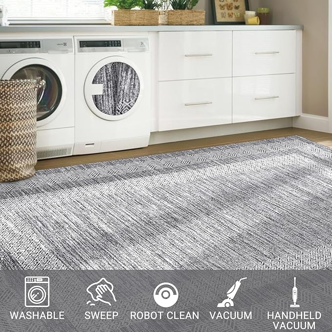 GarveeHome 6x9 Large Washable Area Rug Modern Bordered Rug Distressed Geometric Floor Carpet, Soft Non Slip Low Pile Non Shedding Rug, Indoor Gray for Bedroom, Living Room
