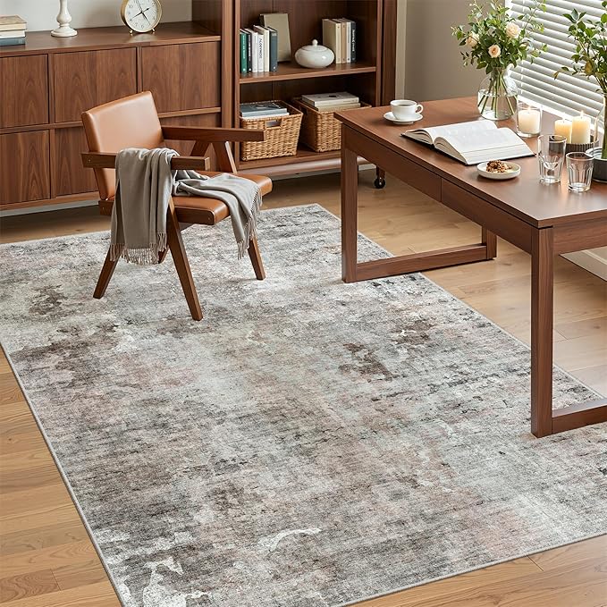 Area Rugs 4x6 for Living Room, Vintage Washable Rugs for Dining Room, Kitchen, Non-Slip Area Rug Pink Grey