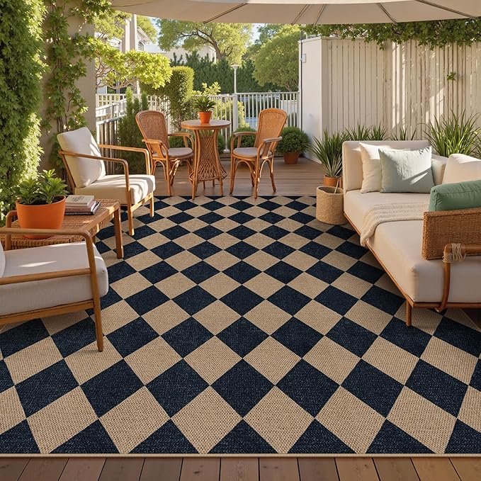 Lahome Colette Checkered Easy Jute Carpet, Washable 8x10 Rugs for Living Room Outdoor Patio Rugs, Farmhouse Neutral Non Slip Stain Resistance Floor Carpet for Office Backyard Sunroom