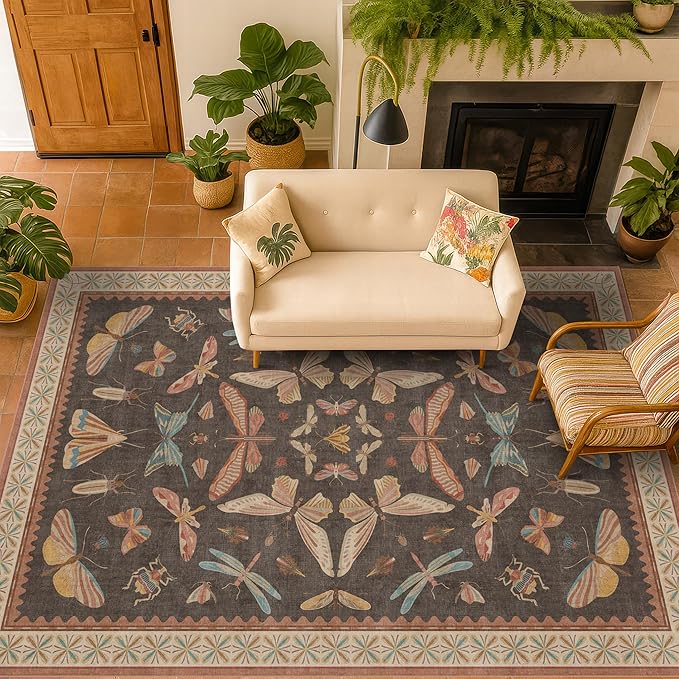 Dining Room Rugs for Under Table 6x9 - Washable Soft Rugs for Bedroom Aesthetic, Low Pile Stain Resistant Living Room Carpet, Vintage Insect Home Décor (Brown)