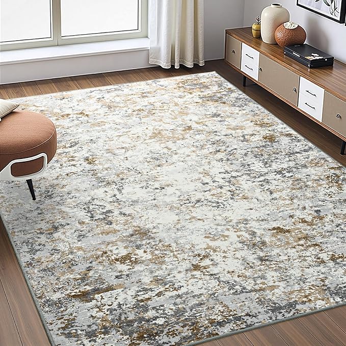 Toneed Abstract Area Rug Modern Washable Rug Soft Non Slip Rug Low Pile for Bedroom Living Room Dining Room Brown Grey Gold 3x5 Feet