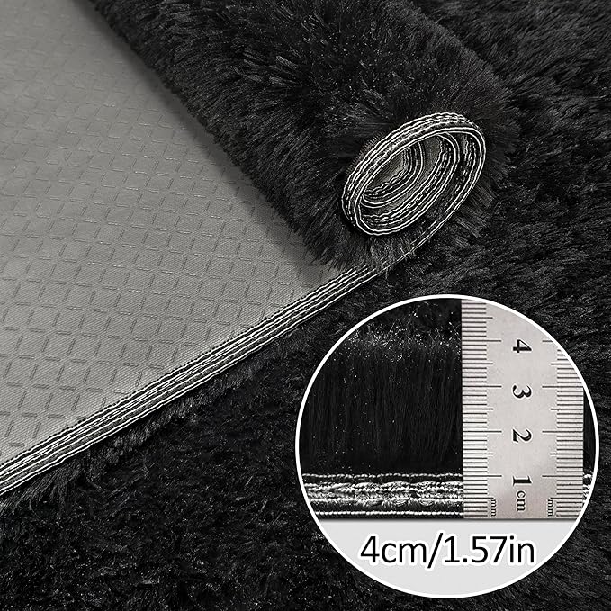 3x10 Bedside Area Rugs for Bedroom Soft Fluffy Shag Black Rug for Hallway Non-Slip Fuzzy Plush Living Room Rug Indoor Floor Carpet for Kids Rooms Dorm Nursery Modern Home Aesthetic Decor