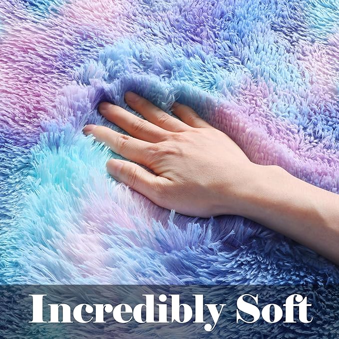 ONASAR Fluffy Area Rugs for Girls Bedroom, 4x6 Purple Rainbow Bedside Rug, Indoor Cute Ultra Soft Plush Shag Floor Carpets for Nursery Kids Teen Girl Dorm Princess Room Playroom Home Decor