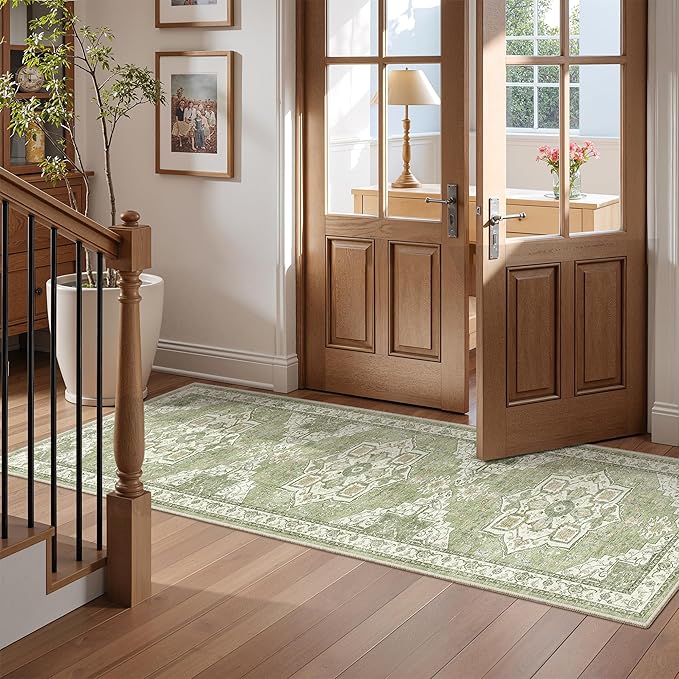 Runner Rug 2x6, Non Slip Washable Rugs for Laundry Room, Runners for Hallways, Low Pile Vintage Soft Rugs for Living Room, Kitchen Bathroom,Bedroom Rug(Light Green,2'x6')