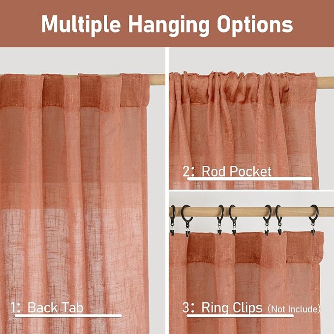 LAMIT Linen Semi Sheer Curtains 96 inches Long 2 Panels Set, Light Filtering Panels Back Tab and Rod Pocket Floor to Ceiling Curtains for Bedroom/Living Room, Terracotta, 52 x 96 Inch