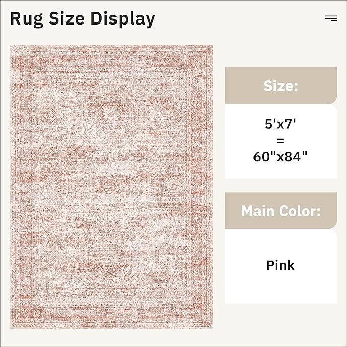 5x7 Area Rugs Pink Low Pile Indoor Washable Trendy Faded Style Rugs for Bedroom Living Room Dining Room Foldable Non-Slip Thin Print Mat