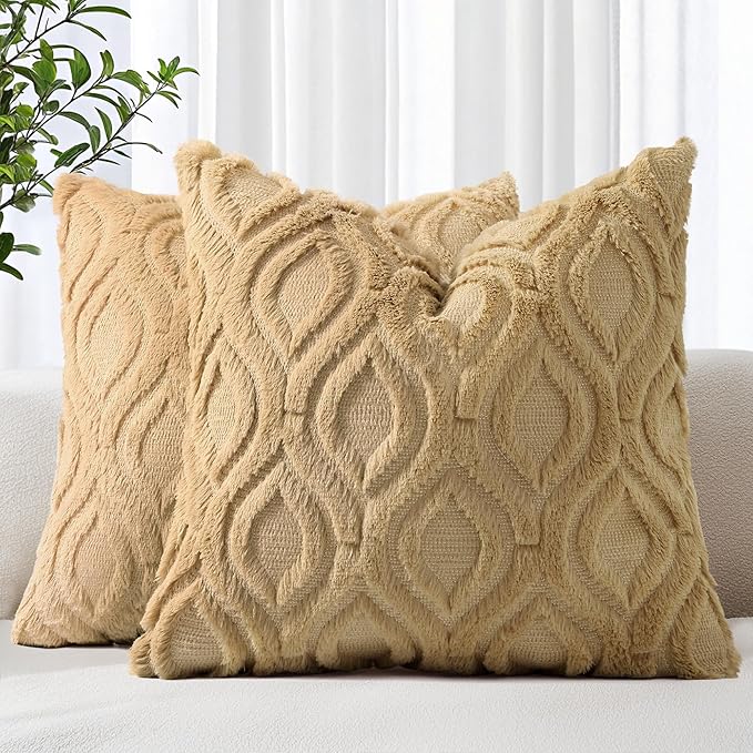 decorUhome Throw Pillow Covers 22x22 Inch Set of 2, Soft Plush Faux Wool Khaki Solid Couch Pillow Covers, Accent Euro Sham Farmhouse Neutral Square Pillow Cases for Sofa Bed Living Room