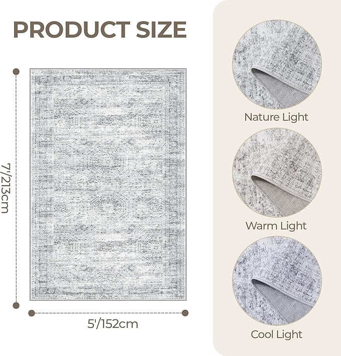 5x7 Area Rugs, Ultra-Thin Washable Rugs for Living Room, Anti-Slip Backing Area Rug for Bedroom, Soft Abstract Vintage Home Decor Rug for Dining Room(5'x7', Grey/Ivory)