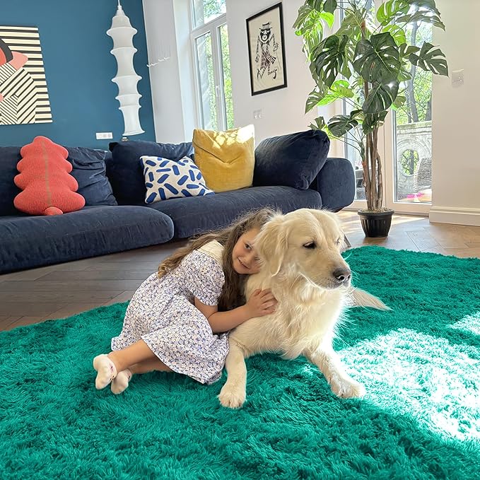 OLANLY 2x5 Machine Washable Runner Rugs for Hallway, Soft Fluffy Shaggy Bedside Rugs for Bedroom, Living Room, Indoor Floor Carpet for Kids Girls and Boys, Home Decor Aesthetic, Teal Green