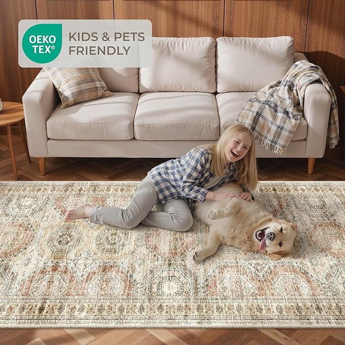 Rug Runners for Hallways Non Slip - 2x8 Runner Rug for Bedroom, Washable Runner with Rubber Backing, Soft Low-Pile Carpet for Kitchen, Laundry, Bathroom (2'x8', Brown/Pink)