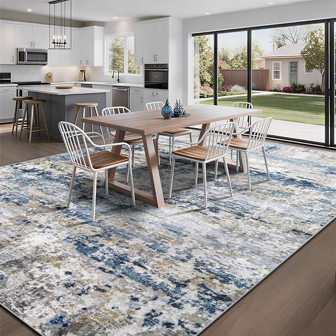Area Rugs 10x14 Living Room: Washable Rug Modern Abstract Neutral Soft Non-Slip Low-Pile Indoor Large Carpet for Bedroom Dining Room Playroom Home Office (Blue Grey Brown, 10'x14')