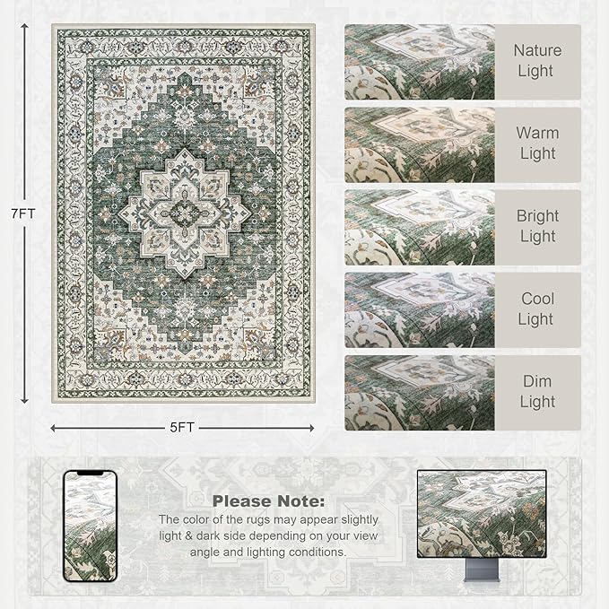 5x7 Area Rugs Living Room Rug: Washable Vintage Boho Medallion Rug No Slip Stain Resistant Soft Carpet Indoor Large Carpets for Bedroom Dining Room Farmhouse Nursery Hallway Home Office Green Ivory