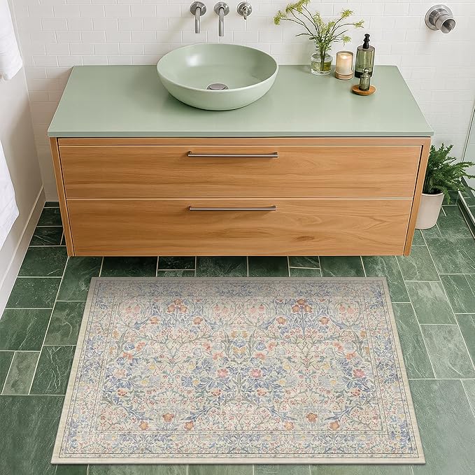 Washable Bathroom Rugs, Non-Slip Small Throw Rug for Entryway, Front Door Indoor, Mudroom, Kitchen, Powder Room, Stain Resistant Vintage Floral Décor (2x3 Beige Blue)