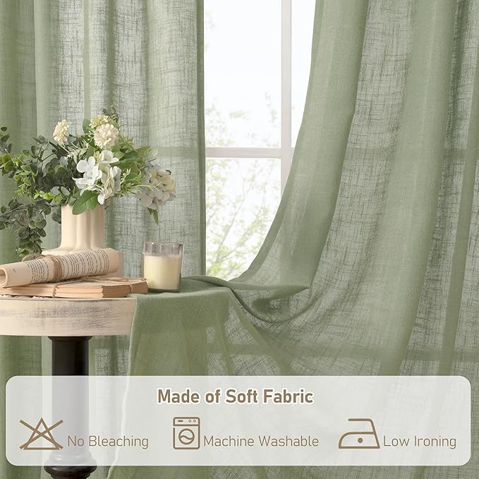 LAMIT Small Window Linen Curtains 45 Inches Long, Semi Sheer Light Filtering Panels Back Tab and Rod Pocket Drapes for Basement/Window/Kitchen, Sage Green, 2 Panels, 34 x 45 Inch