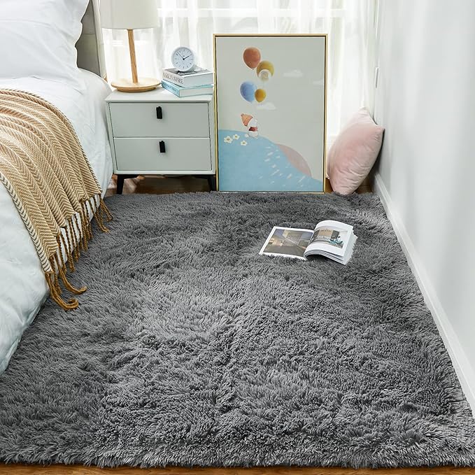 Ophanie Area Rugs for Bedroom Living Room, Grey Fluffy Fuzzy Shag Shaggy Soft Plush Carpet, 4x6 Indoor Floor Gray Rug for Kids Home Dorm Decor Aesthetic