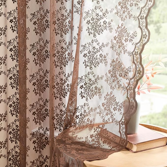 YJ YANJUN Vintage Lace Curtains 84 Inches Long-Victorian Floral Boho Brown Sheer Curtains for Living Room Bedroom, Light-Filtering Rustic Farmhouse Window Treatment, Chocolate 2 Panels 52W x 84L