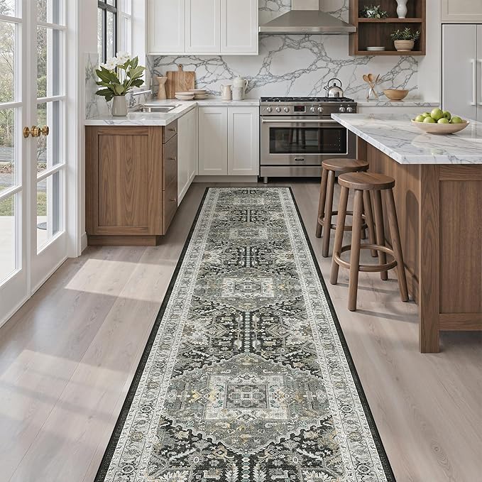 Madane Hallway Washable Runner Rug 2x10, Vintage Kitchen Rugs Soft Entryway Rug Runner Non Slip Indoor Floor Carpet for Bathroom Living Room Bedroom, Grey Green/Black Olive