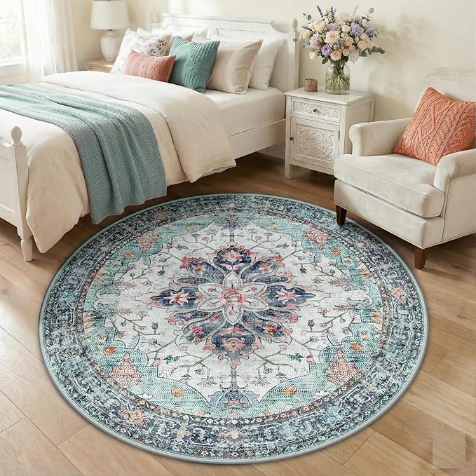 Area Rugs 5ft Washable Non-Slip, Floral Vintage Distress Print Pattern Medallion Carpet for Living Room Bedroom Dining Room, Green Navy Blue White Red Teal Colorful