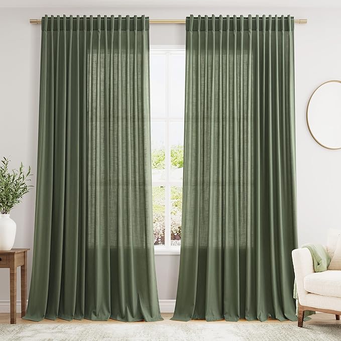 Extra Wide 100x96 Inch Linen Curtains for Living Room Divider Light Filtering Semi Sheer Patio Curtains for Sliding Door Olive Green Coastal Decor Sunroom Floor to Ceiling Window Curtain Panel