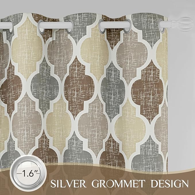Beauoop 100% Blackout Curtains 72 Inches Long 2 Panels for Bedroom Living Room Brown Grey Moroccan Geo Room Darkening Thermal Insulated Soundproof Grommet Top Window Treatments Drapes, 50x72 Set of 2