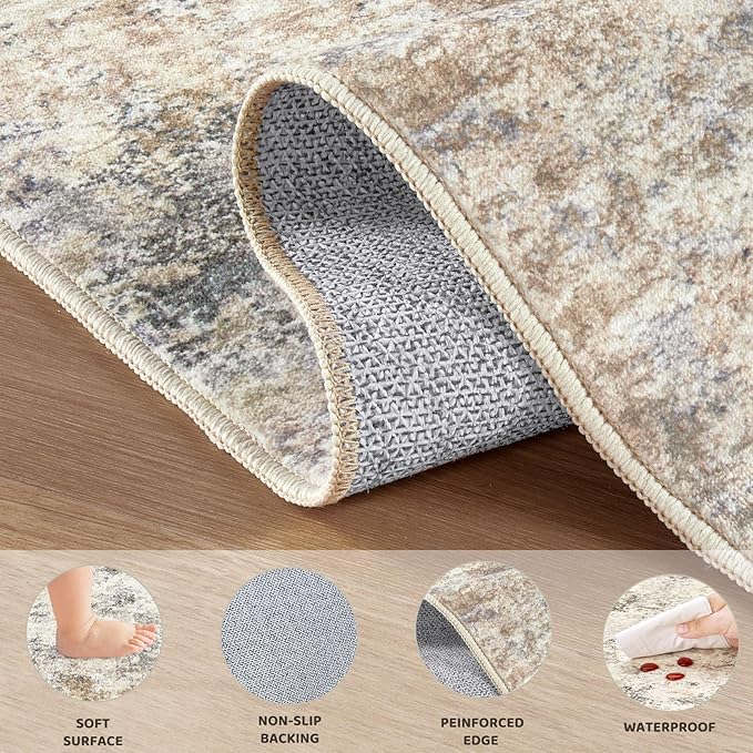 UERMEI 6ft Round Area Rug Living Room Rugs - 6x6 Washable Neutral Modern Abstract Soft Thin Rug Indoor Floor No Slip Rug Carpet for Bedroom Under Dining Table Home Office Decor - Golden Grey