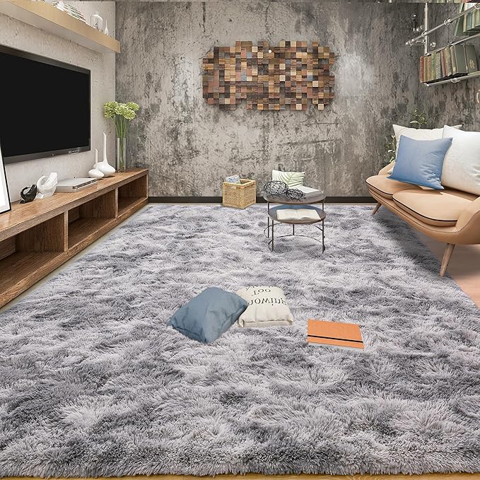 Tepook Fluffy Large Rugs for Living Room, Area Rug 6x9 Soft Carpet for Bedroom, Modern Shaggy Rug for Kids Boys Girls, Plush Indoor Nursery Home Decor Rug with Non-Slip Bottom, Tie-dye Light Grey