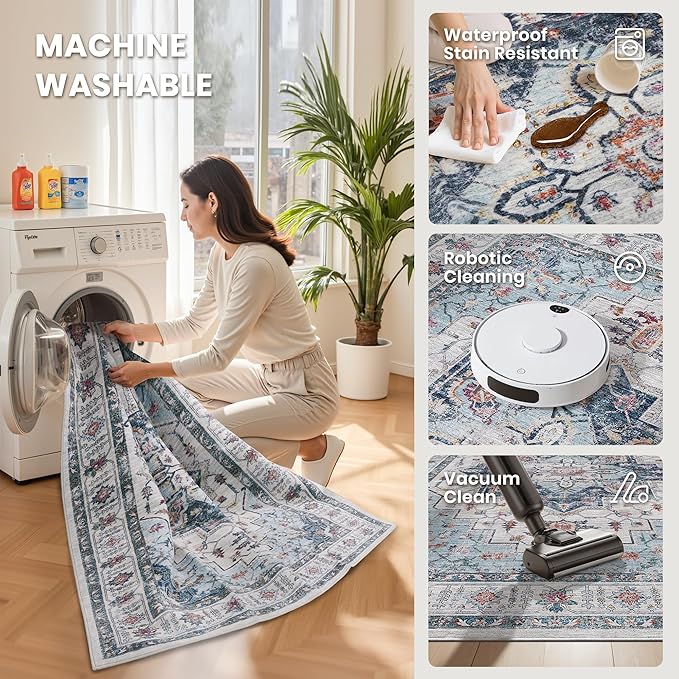 zesthome 6x9 Area Rugs, Machine Washable Rugs for Living Room, Bedroom,Stain Resistant Vintage Large Area Rug,Non-Slip Medallion Pattern Home Decor Rugs (Blue,6'x9')