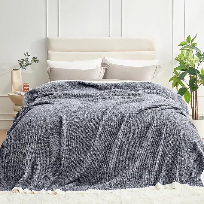 Snuggle Sac Oversized Navy Blanket, Twin XL Size for Bed | Reversible Super Soft & Cozy Knit Throw, Fuzzy Plush Fabric in Heather Navy, 66x90 inches