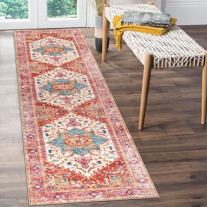 Yamaziot Washable Runner Rug, 2x8 Non-Slip Boho Vintage Hallway Rug Runner with Rubber Backing, Stain Resistant & Low Pile Faux Wool Distressed Carpet Runner for Bedroom, Kitchen, Laundry, Entrance