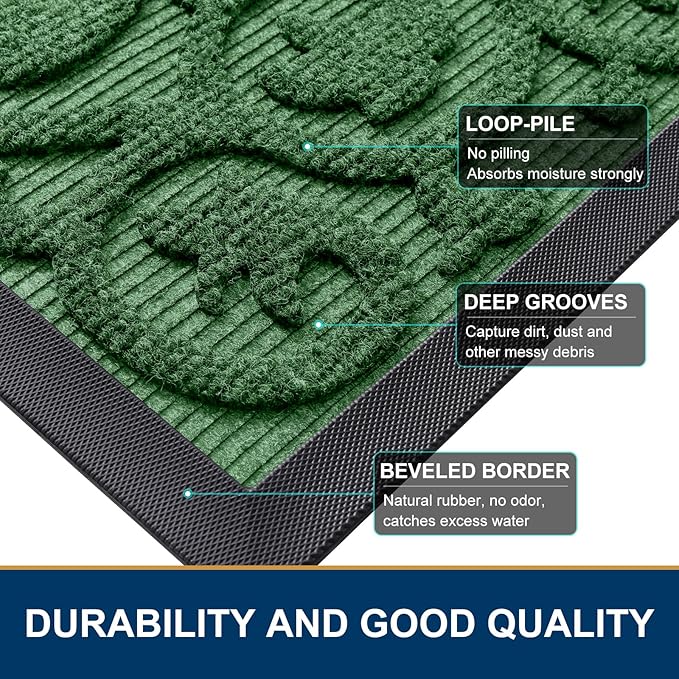 Smiry Welcome Door Mat Outside Entrance, Heavy Duty Trap Dirt and Moisture Easy Clean Low Profile Patio Porch Indoor Outdoor Front Doormat for Entry, 29.5x17 Inch, Green