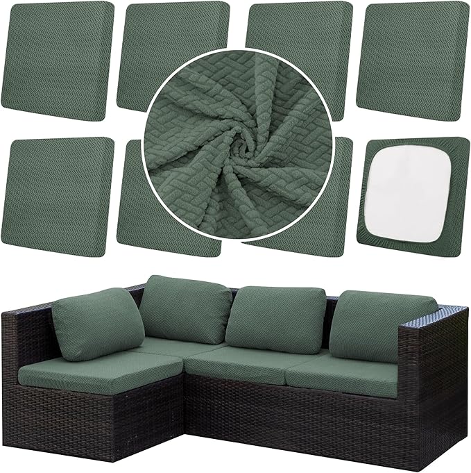 8Pcs Outdoor Cushion Covers, Patio Cushion Covers,Stretch Elastic Slipcovers, Replacement Washable Furniture Protector for Patio Couch,Thick Jacquard Textured Twill Fabric(Matcha Green,Cover Only)