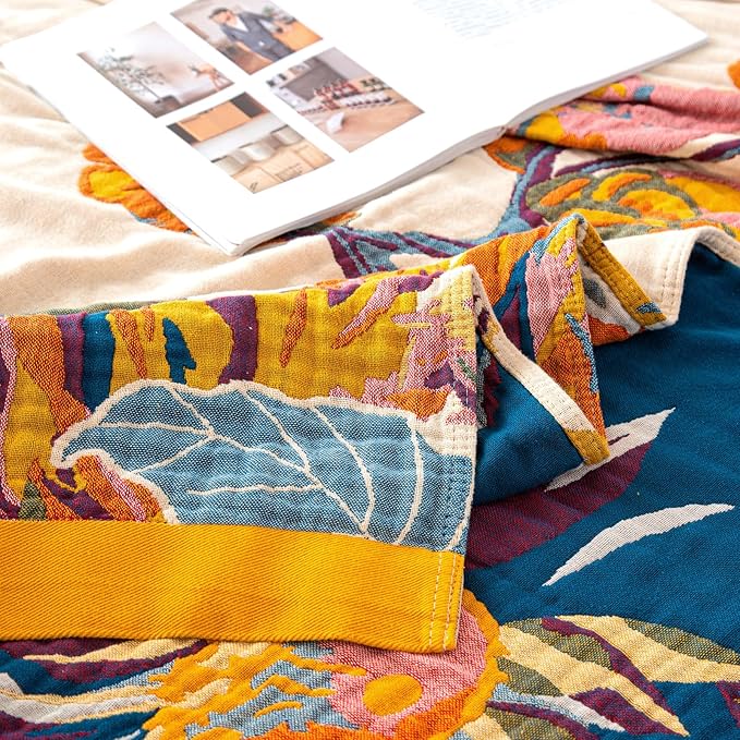 MSGKV Boho Throw Blanket for Bed 100% Cotton Throw Floral Couch Blanket 80''x90'', Spring Breathable Travel Muslin Blanket for Women Home Decor