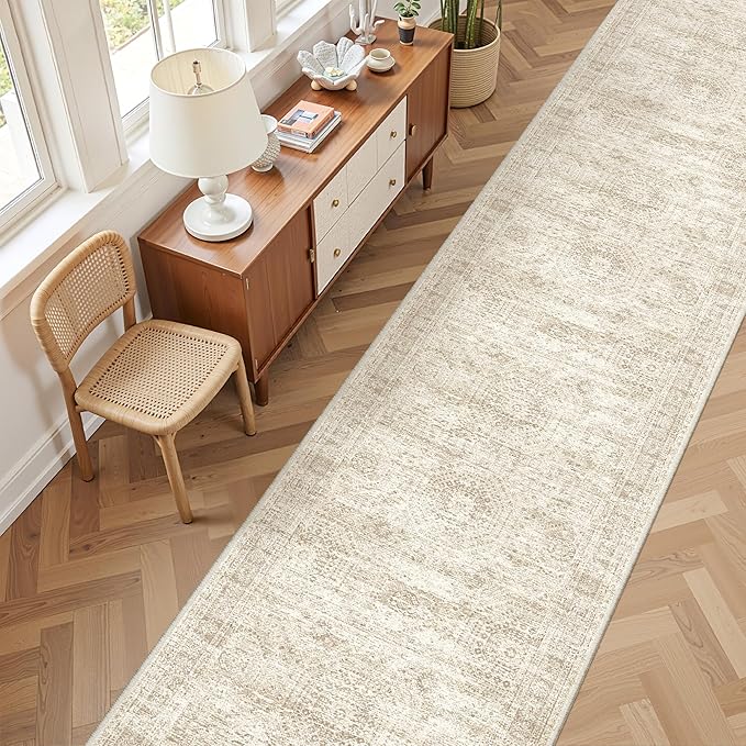 Washable Runner Rug 2.5x16, Non-Slip Long Hallway Runner for Entryway, Soft Vintage Kitchen Mats for Floor, Abstract Dining Room, Bedroom, Living Room Rugs(2.5'x16', Beige/Ivory)
