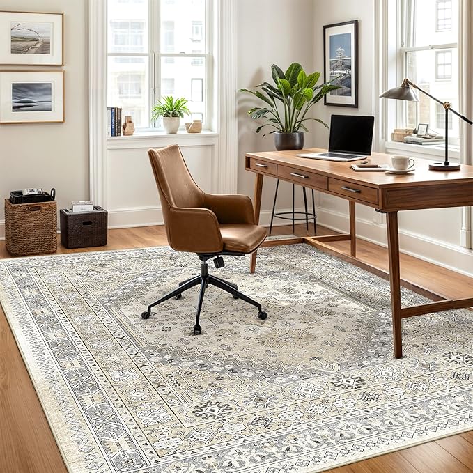 Area Rugs 5x7, Ultra-Thin Washable Rugs for Living Room, Anti-Slip Backing Area Rug for Bedroom, Soft Floral Vintage Home Decor Rug for Dining Room(Beige,5'x7')