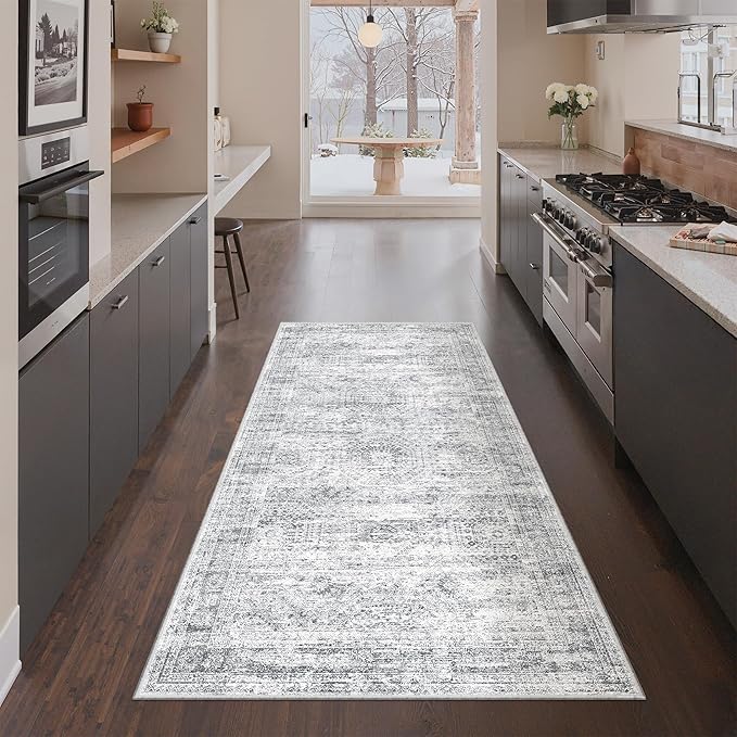3x6 Runner Rug Non Slip, Thin Entryway Washable Rug for Entryway, Runners for Hallways, Low Pile Vintage Abstract Soft Rugs for Living Room, Kitchen, Bedroom (3'x6', Grey/Ivory)