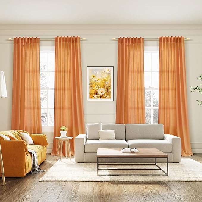 Nanspring Orange Linen Blend Drapes 84 Inch Length 2 Panels Set Back Tab Rod Pocket Light Filtering Privacy Semi Sheer Textured Curtains Neutral Farmhouse Decor Curtains for Living Room Bedroom 52x84