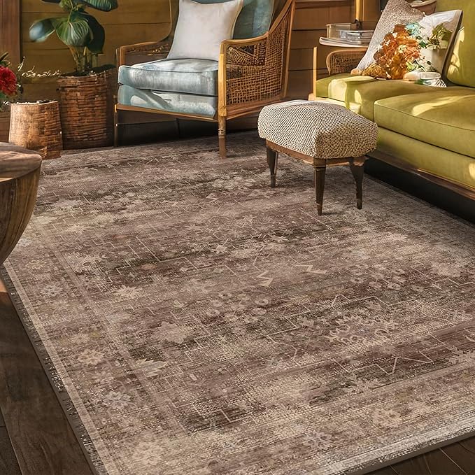 Hazo Haus Boho Taupe Brown 5x7 Living Room Rug - Modern Vintage Traditional Oriental Neutral, Washable Low Pile Non-Slip Large Area Rugs for Nursery Dining Under Table