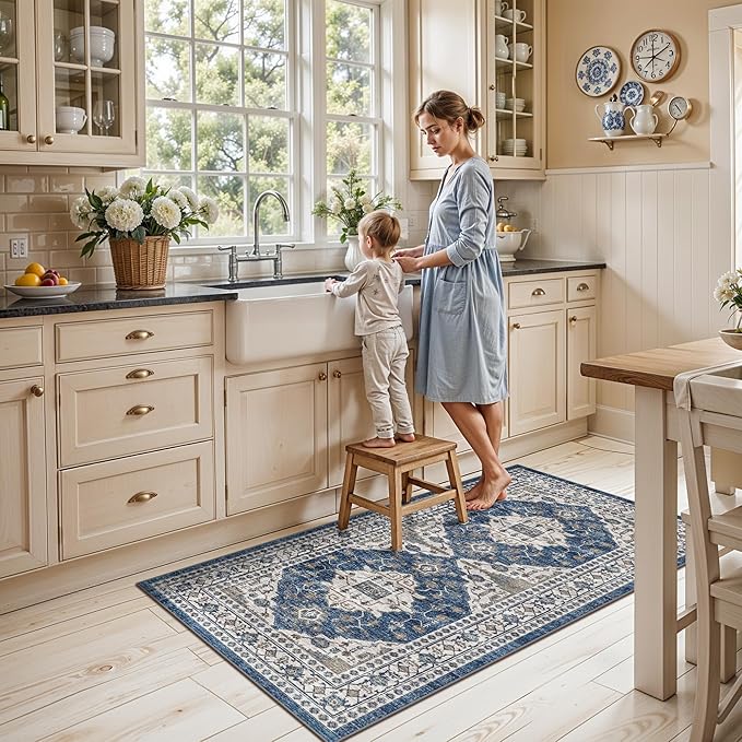 2x4 Non-Slip Entryway Area Rugs: Washable Stain Resistant Kitchen Carpet Printed Doormat Soft Low Pile Nursery Rug Vintage Small Floor Mat for Hardwood Bedroom Cozy Home Decor fot Family(2x4,Blue)