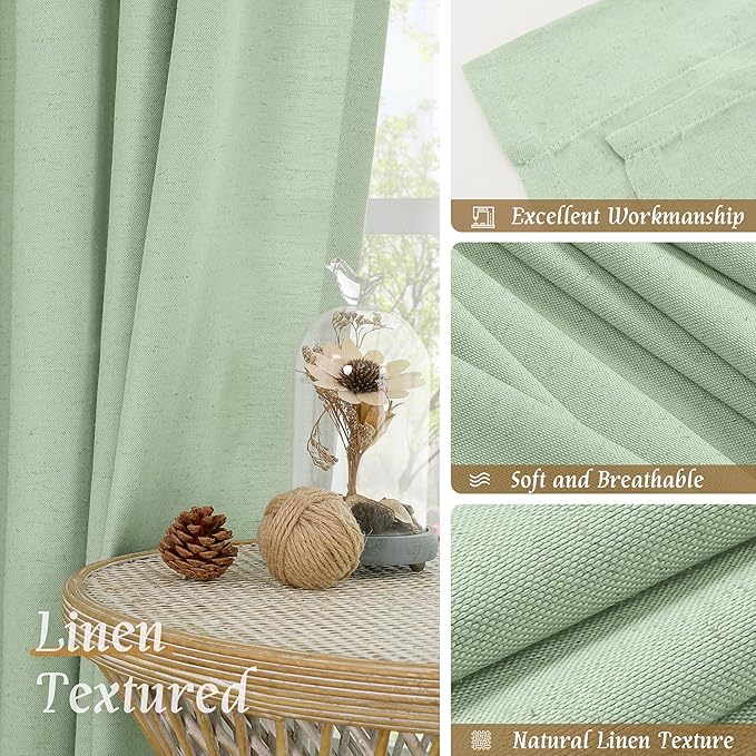 LAMIT Light Green Linen Window Curtains 63 Inch Length, Light Filtering Neutral Privacy Curtain Panels Farmhouse Rod Pocket Living Room Drapes for Bedroom, 2 Panels, 52 x 63 Inch