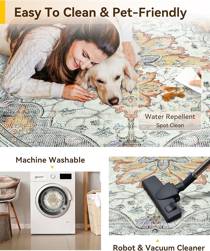 Area Rugs 5ft Washable Non-Slip, Floral Vintage Distress Print Pattern Medallion Carpet for Living Room Bedroom Dining Room, Light Yellow Carbon Grey Orange