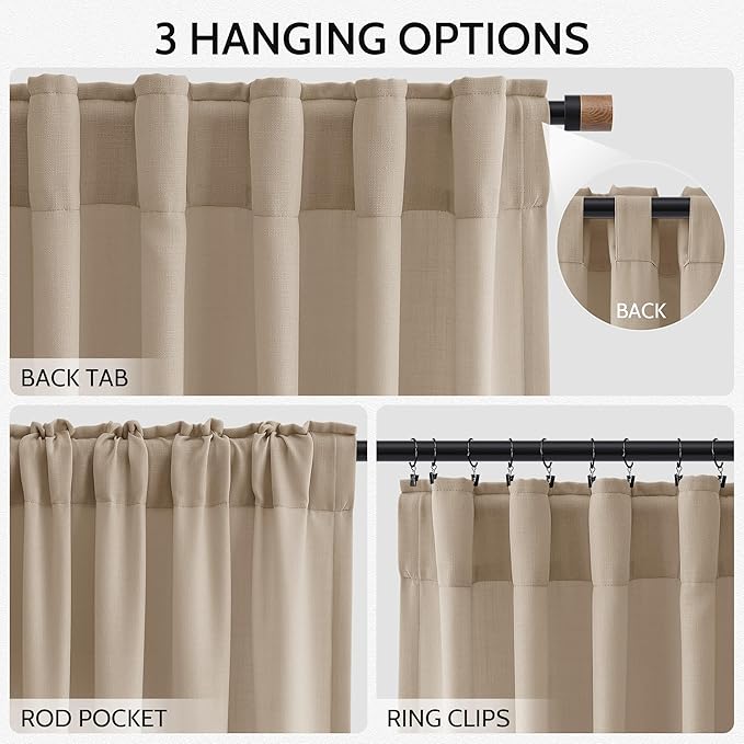 Sepia Beige Linen Curtains 90 Inches Long for Living Room Rustic Farmhouse Decor Light Filtering Semi Sheer Curtain Back Tab Rod Pocket Neutral Modern Luxury Drapes for Bedroom Office 52x90, 2 Panels