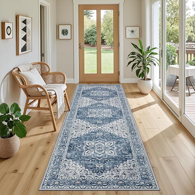 Hallway Runner Rug Non Slip - Washable 2.6x8 Kitchen Rugs for Living Room, Low-Pile Soft Bedroom Rug Indoor Floor Stain Resistant Carpets for Entryway, Laundry, Bathroom Blue