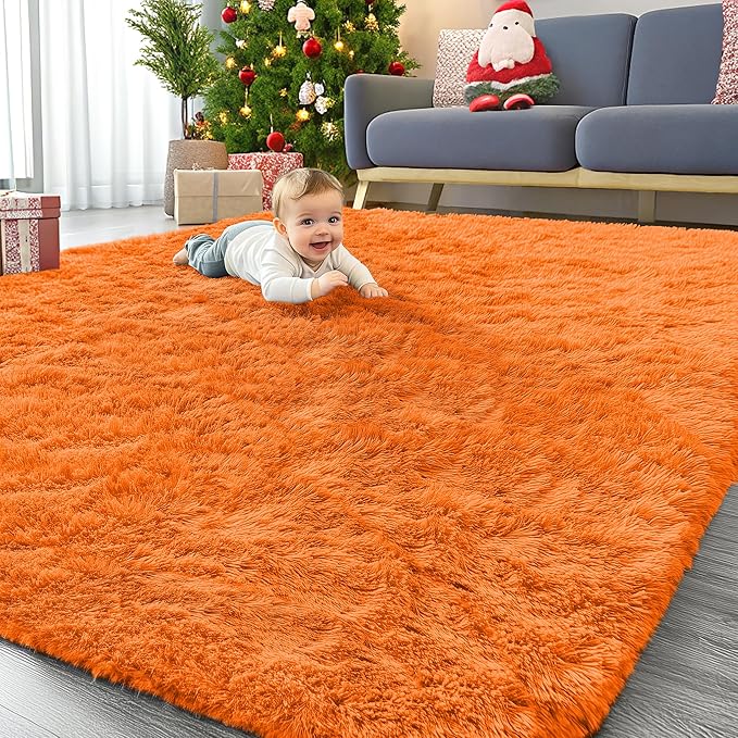 OLANLY 8x10 Machine Washable Large Area Rugs for Living Room, Bedroom, Soft Fluffy Shaggy Bedside Rug, Indoor Floor Carpet for Kids Girls and Boys, Dorms, Nursery, Home Decor Aesthetic, Orange