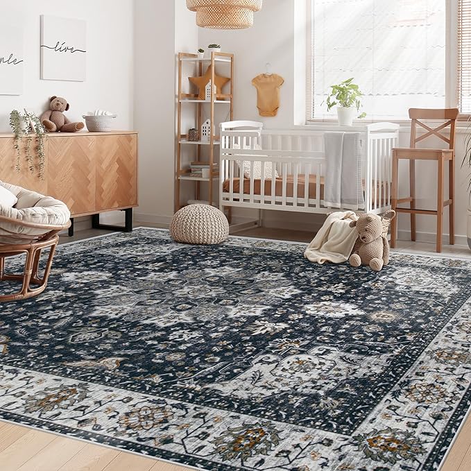Area Rug 5x7 Washable Rug, Vintage Boho Medallion Rugs Non-Slip Soft Low Pile Large Distressed Rug Indoor Retro Carpet for Living Room Bedroom Dining Room Home Office (Vintage Black, 5'x7')