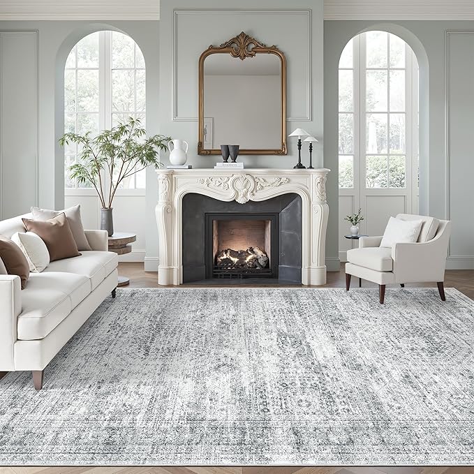 Washable Area Rug 8x10, Large Soft Rugs for Living Room Farmhouse Vintage Gray Area Rugs for Bedroom Dining Room Non-Slip Stain Resistant Under Table Rug Grey