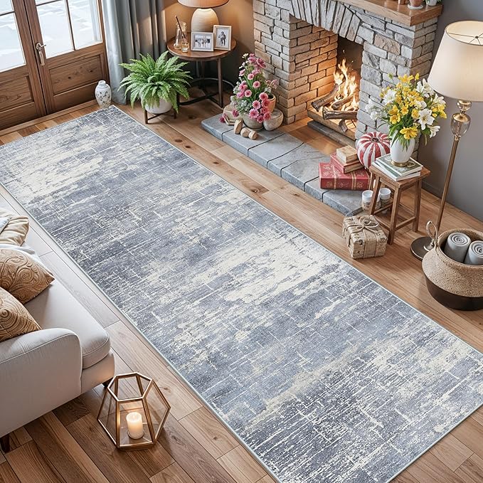 Washable 12ft Hallway Runner Rug: Non-Slip 2'6x12 Kitchen Rugs Low-Pile Entryway Rug Runner Abstract Soft Bedroom Floor Mat Farmhouse Carpet for Bathroom Living Room Dining Room(2'6x12,Blue/Ivory)