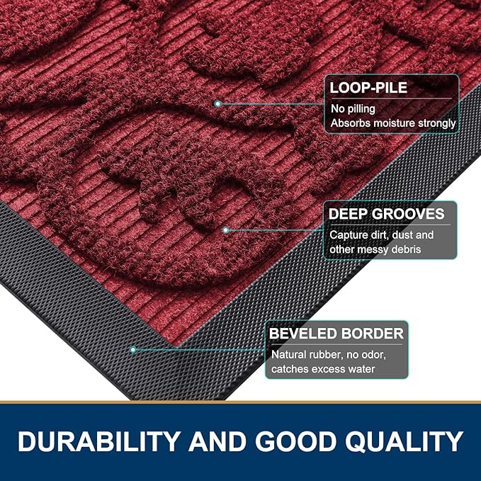 Smiry Welcome Door Mat Outside Entrance, Heavy Duty Trap Dirt and Moisture Easy Clean Low Profile Patio Porch Indoor Outdoor Front Doormat for Entry, 35x23 Inch, Burgundy