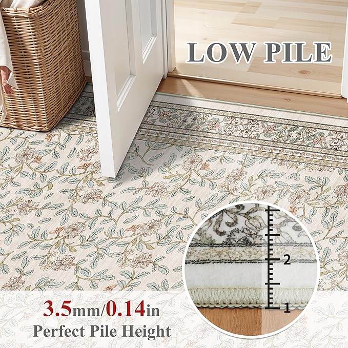 TOPRUUG 2x12 Washable Runner Rug - 12ft Runners for Hallway Non Slip Kitchen Rugs Soft Low Pile Carpet for Bedroom Bathroom Stain Resistant Vintage Floral Floor Mat Home Decor (Floral/Cream, 2X12)