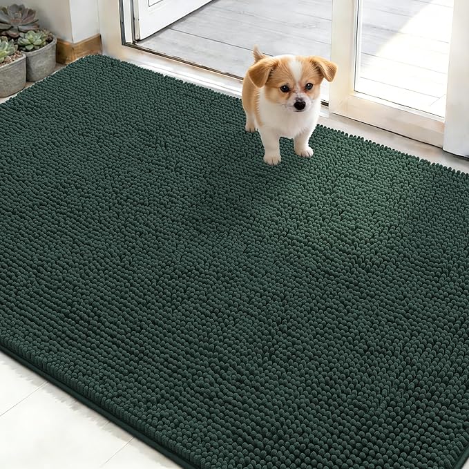 OLANLY Dog Door Mat for Muddy Paws 48x30, Absorbs Moisture and Dirt, Absorbent Non-Slip Washable Doormat, Quick Dry Chenille Mud Mat, Entry Indoor Entryway Carpet for Inside Floor, Blackish Green