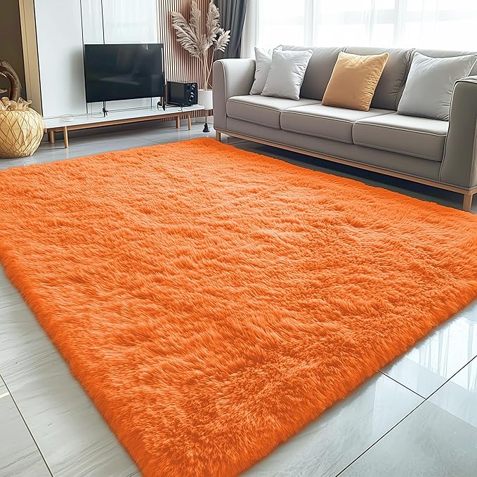 OLANLY 5x8 Machine Washable Large Area Rugs for Living Room, Bedroom, Soft Fluffy Shaggy Bedside Rug, Indoor Floor Carpet for Kids Girls and Boys, Dorms, Nursery, Home Decor Aesthetic, Orange